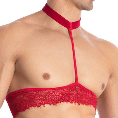 A person wears the Secret Male Throbbin Top in red, showcasing a bold lace bandeau with an attached choker. A thin strap runs down the chest, delivering a striking and stylish look from Secret Males mens fashion line.