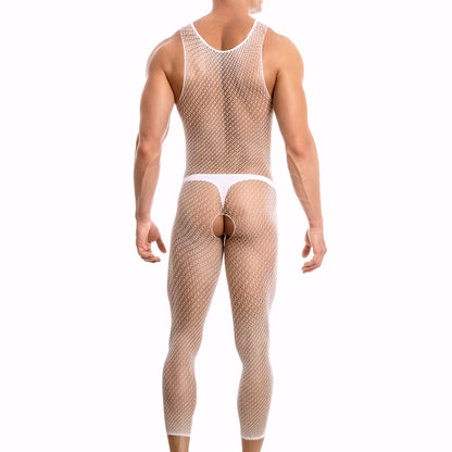 A person in a Secret Male Bodystocking highlights muscular thighs while revealing most of their back and legs, shown from the rear against a plain white background.