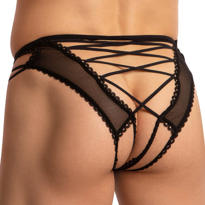A person models the stylish, modern Secret Male Multi Strings Support Jockstrap by Secret Male, featuring intricate detailing in black lace mesh with crisscross straps and a multi-string design that embodies a sensual fabric blend.