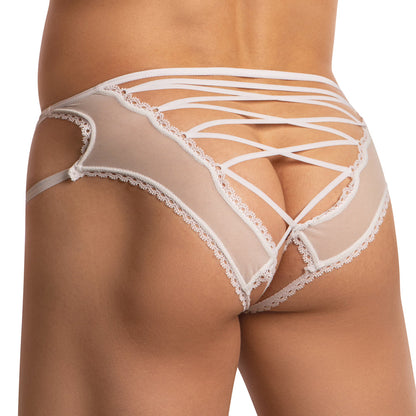 A person models the Secret Male Multi Strings Support Jockstrap, showcasing its intricate white lace design with crisscrossing straps and sheer fabric. The plain background emphasizes the garments delicate texture and style, reflecting the brand Secret Males attention to decorative detail.