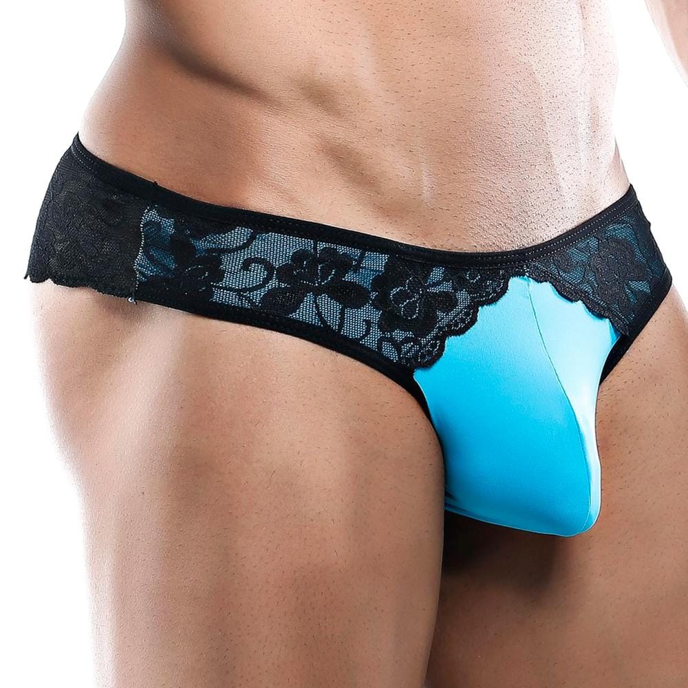 The Secret Male Bikini by Secret Male is captured in a close-up, highlighting a seductive blend of blue and black lace, with a light blue front and intricate black lace on the sides and waistband, emphasizing the lower torso.