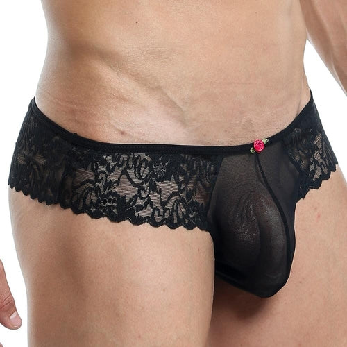 Wearing the Secret Male Bikini, crafted from sheer black lace with a small red rose on the waistband, exudes sleek design and boosts confidence.