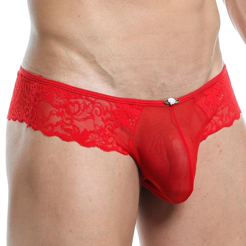 A person wearing Secret Male Bikini underwear in red lace with a floral pattern, highlighted by a decorative center element. The sleek design stands out against the plain light background, enhancing the confidence-boosting ensemble from Secret Male.