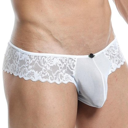 Someone wearing the Secret Male Bikini by Secret Male flaunts sheer bikini underwear with a sleek design, white lace, floral pattern, a small black button on the waistband, semi-transparent side panels, and a solid front for an elegant confidence boost.