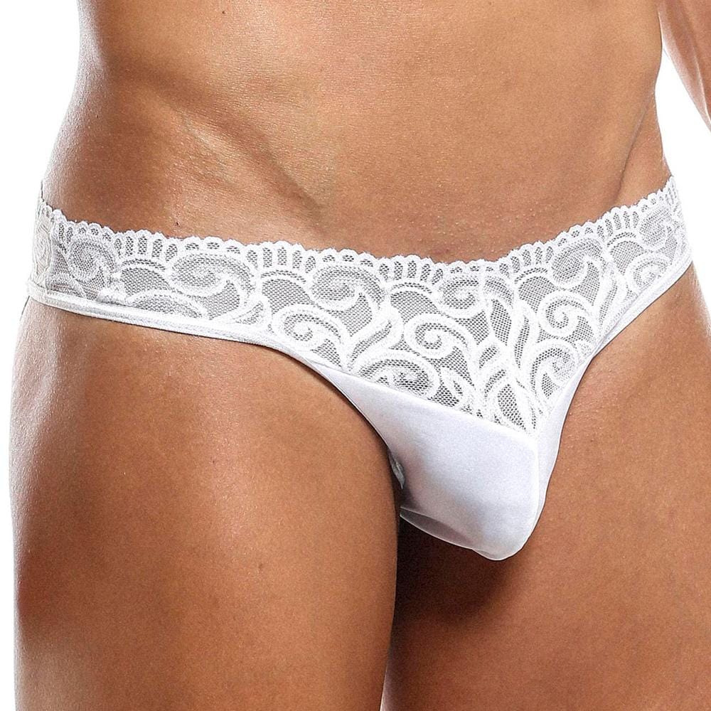A close-up showcases a person in the Secret Male SMI025 Lace Bottom Bikini, which features intricate floral lace by the waistband and smooth fabric below. Ideal as seductive lingerie, the plain background highlights every detail of this elegant Secret Male garment.