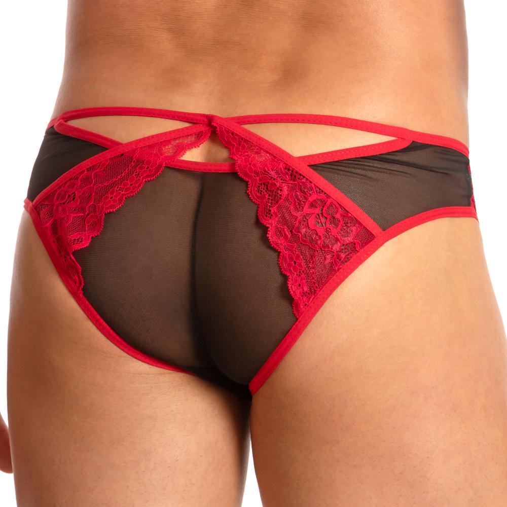 The Secret Male French Maid Bikini by Secret Male offers a chic and comfortable design with black and red lace. Featuring a flirtatious small keyhole, intricate detailing, and eye-catching red straps, it balances elegance with allure.