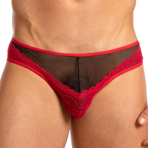 A person flaunts the chic design of the Secret Male French Maid Bikini, merging comfort and allure with its black and red lace details.