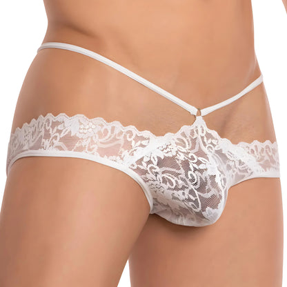The image features a person in luxurious Secret Male Open Top Bikini briefs. The design includes floral lace patterns with thin waistband straps, crafted from premium fabric. The plain background enhances the elegance.