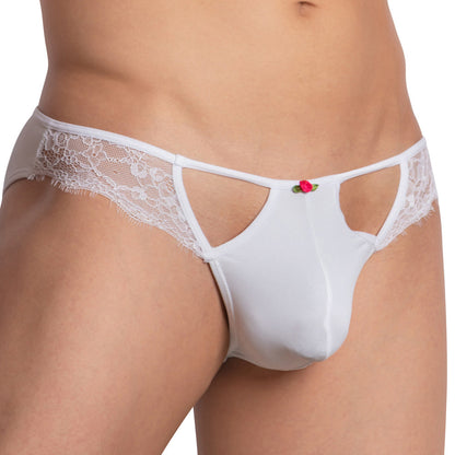 Close-up of Secret Males Mesh Lace Bikini, featuring smooth white lace with side cutouts and a pink rose detail. This alluring piece showcases a sexy mens C-shape pouch, blending decorative elegance with a revealing design.