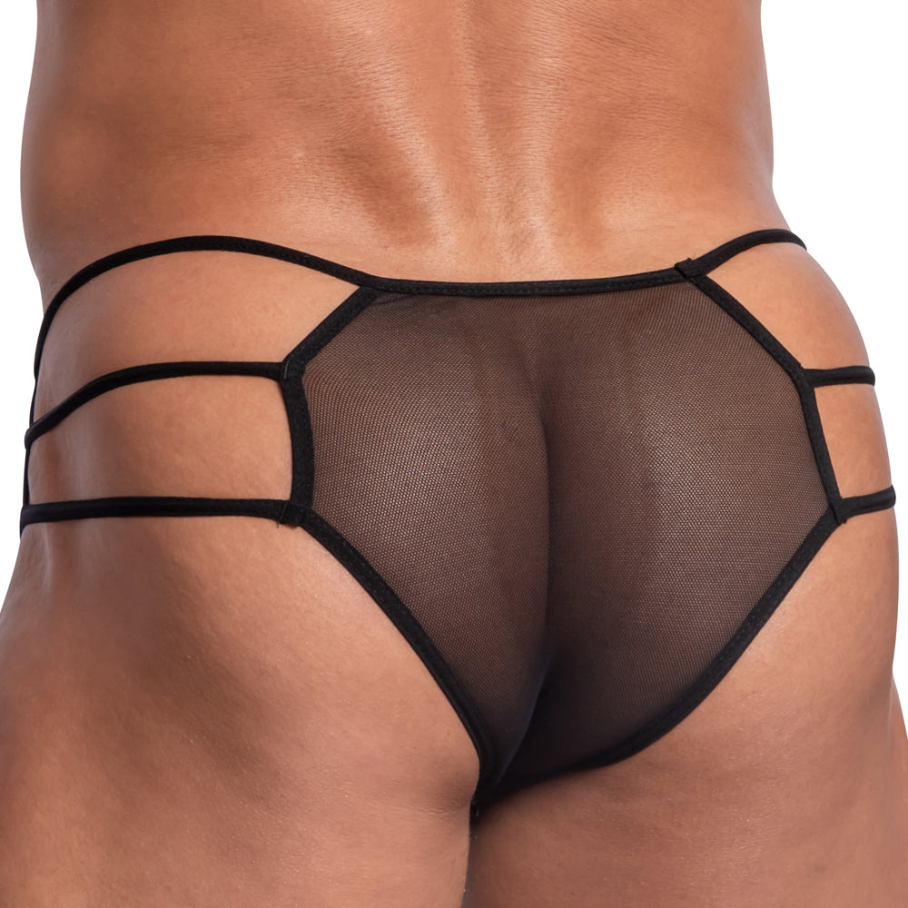 The Secret Male 2 in 1 Lacy Bikini, with its black sheer mesh and thin straps forming a geometric pattern, showcases a luxurious lace design that flatters the lower back and buttocks.