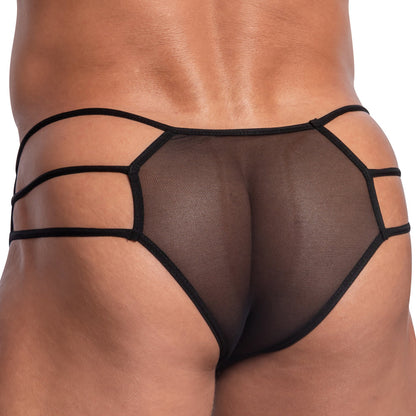 The Secret Male 2 in 1 Lacy Bikini, with its black sheer mesh and thin straps forming a geometric pattern, showcases a luxurious lace design that flatters the lower back and buttocks.