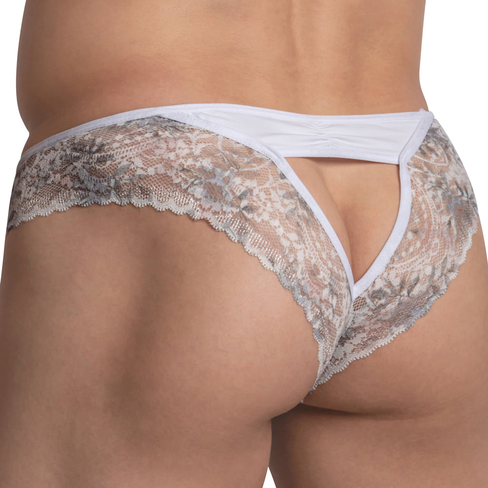 A Secret Male Open V-Back Bikini features snug-fit fabric with intricate white lace patterns, a floral V-back cutout detail, and scalloped edges that complement light skin tones.