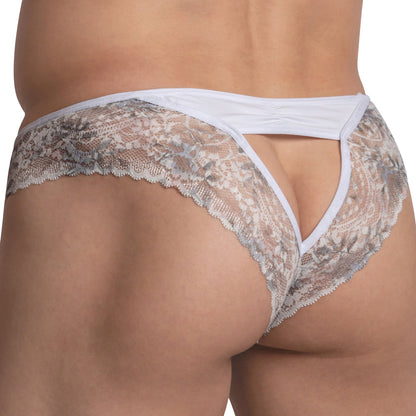 A Secret Male Open V-Back Bikini features snug-fit fabric with intricate white lace patterns, a floral V-back cutout detail, and scalloped edges that complement light skin tones.