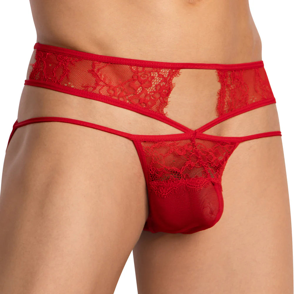 A close-up of someone wearing the Secret Male Breathable Sissy Bikini showcases its intricate floral patterns and thin straps. The image, emphasizing a comfortable fit, highlights the design details of the Secret Male collection.