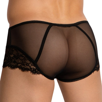 A person is seen from behind wearing the Secret Male Low Rise Floral Bikini, which features black see-through mesh and lace by Secret Male, with comfortable lace detailing at the edges.