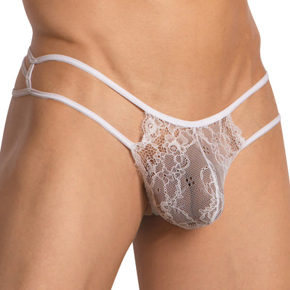 The Secret Male Criss-Cross String Back G-string by Secret Male is a white lace thong with minimal coverage and a double strap design, featuring floral patterns for an elegant touch against the plain background.