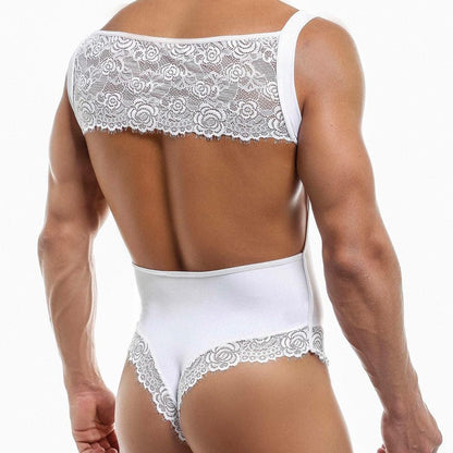 Wearing a Secret Male Honeymoon Body Suit, a person flaunts a seductive style with white floral lace patterns, featuring lace accents, a wide back band, and delicate leg trims for an alluring back view.
