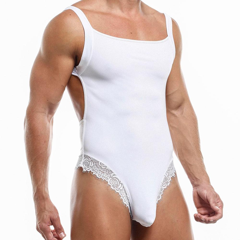 A person wearing the Secret Male Honeymoon Body Suit with lace accents around the hips. This bodysuit from Secret Male features a square neckline and wide shoulder straps, blending elegance with allure.