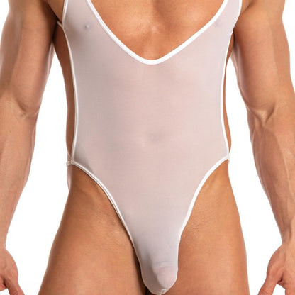 Someone is wearing the Secret Male Deep V Body Suit by Secret Male, a sheer white bodysuit with thin straps and a deep V design that reveals the sides and chest, made of luxurious transparent fabric that accentuates body contours against a plain white background.