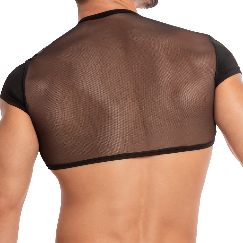 Wearing the Secret Male Show Off Short Tank by Secret Male creates a bold fashion statement with its sheer black design, striking silhouette, and short sleeves that elegantly reveal the back and shoulders.