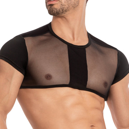 Confidently embracing bold fashion, a man wears the Secret Male Show Off Short Tank by Secret Male. This black short-sleeve top covers his shoulders and upper chest while leaving his midsection bare, highlighting his abs and part of his chest for a sensual look.