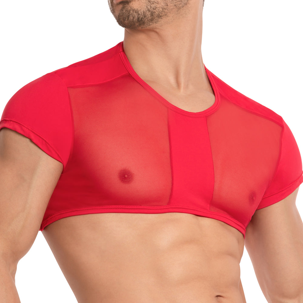 Wearing the Secret Male Show Off Short Tank exudes bold fashion with its cropped red mesh design. The blend of sheer and solid elements, including a sheer chest panel and short sleeves, highlights the upper body and parts of the bare torso.