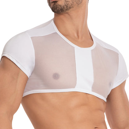Exuding bold fashion, a person wears the Secret Male Show Off Short Tank by Secret Male—a short, white mesh crop top with a solid front panel. With short sleeves and their head slightly turned to the side against a plain white backdrop, the look radiates subtle sensuality.