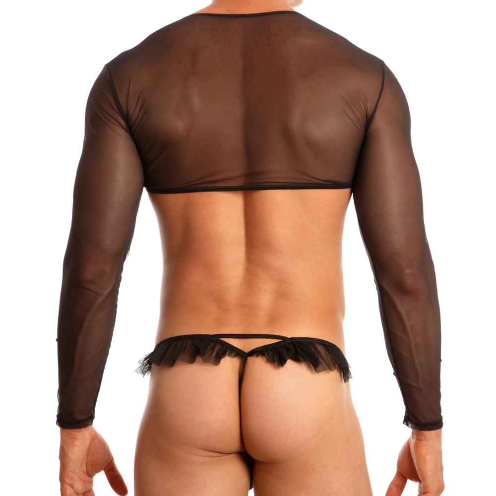 The Secret Male Lily Half Tee features a sheer black long-sleeve design paired with a matching thong, highlighting ruffle details at the back. Made from polyamide-spandex, this outfit boosts confidence and showcases its unique texture when captured from behind.