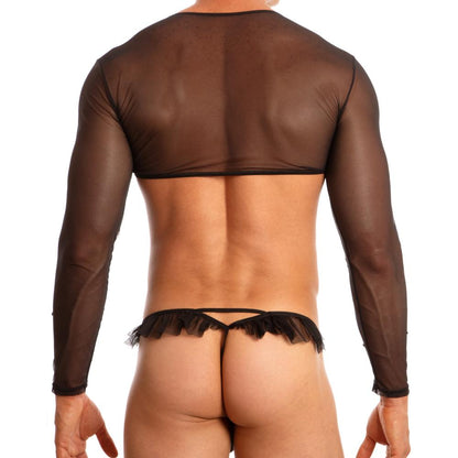 The Secret Male Lily Half Tee features a sheer black long-sleeve design paired with a matching thong, highlighting ruffle details at the back. Made from polyamide-spandex, this outfit boosts confidence and showcases its unique texture when captured from behind.