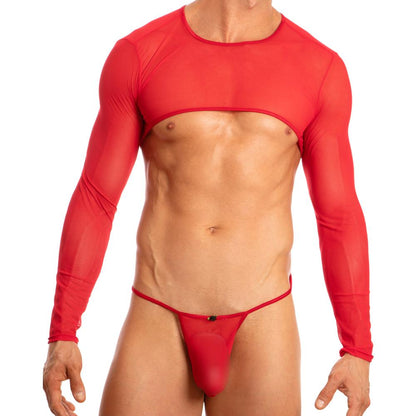 Wearing the Secret Male Lily Half Tee, a red mesh crop top with long sleeves paired with a matching thong, exudes style and flair. This polyamide-spandex sheer design by Secret Male beautifully accentuates the figure and boosts confidence, focusing on the torso and clothing.