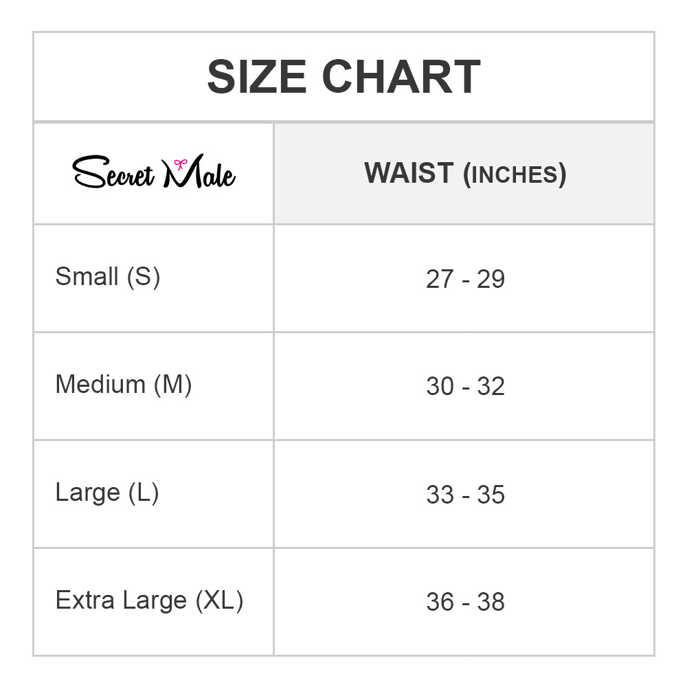 Discover the perfect fit for your Secret Male Bikini with our size chart: Small (27-29), Medium (30-32), Large (33-35), Extra Large (36-38). Offering a seductive combination of comfort and style, this guide ensures your lace bikini collection fits just right.