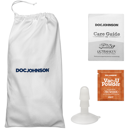 The Doc Johnson white drawstring bag contains Signature Cocks ULTRASKYN 13 Cock - Brickzilla with a care guide and Vac-U Powder packet. Experience ULTRASKYN innovation with a dual density design and suction base in a white plastic component for versatile use.