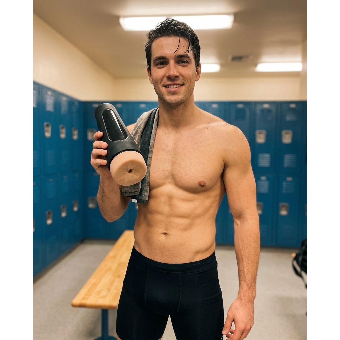A shirtless man in black shorts stands in a locker room holding a Doc Johnson Man Squeeze Stud Ass, smiling at the camera. Blue lockers and a wooden bench are visible in the background.
