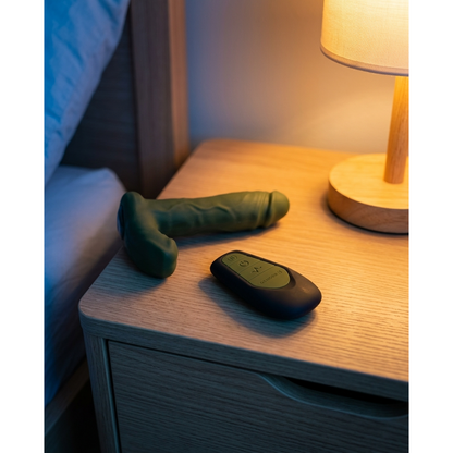 The Evolved Novelties Gender X The Hunk Dual Anal Vibrator with Remote Control sits on a wooden bedside table beside a lit lamp and a bed.