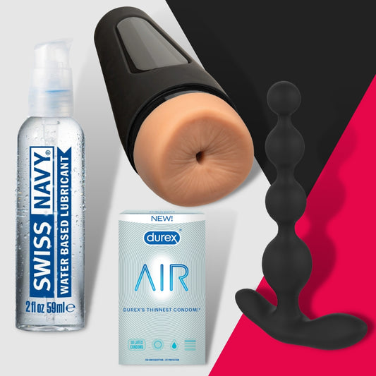An array of sexual wellness products, including Swiss Navy lubricant, a realistic flesh-toned male masturbator, Durex Air condoms, and a black silicone anal bead toy from Adams Toy Boxs Out N Proud Subscription Box, is presented against the red, black, and white backdrop.