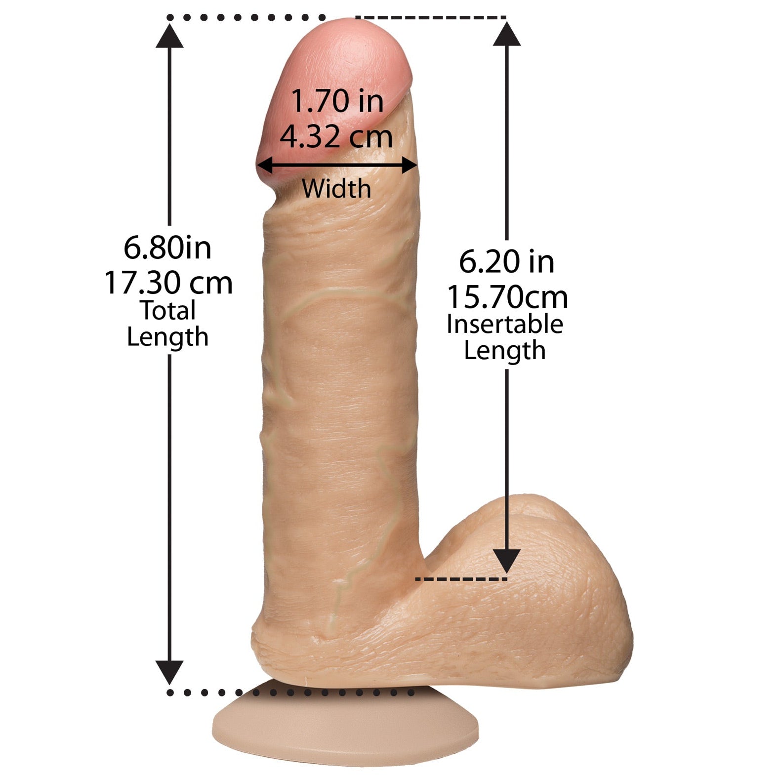 The 6 Realistic Cock With Balls by Doc Johnson has a total length of 6.80 inches (17.30 cm), an insertable length of 6.20 inches (15.70 cm), and a width of 1.70 inches (4.32 cm). It features a suction base, detailed texture, and is Vac-U-Lock compatible for versatile play options.