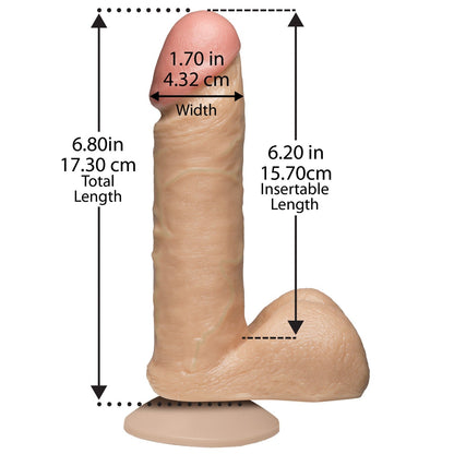 The 6 Realistic Cock With Balls by Doc Johnson has a total length of 6.80 inches (17.30 cm), an insertable length of 6.20 inches (15.70 cm), and a width of 1.70 inches (4.32 cm). It features a suction base, detailed texture, and is Vac-U-Lock compatible for versatile play options.