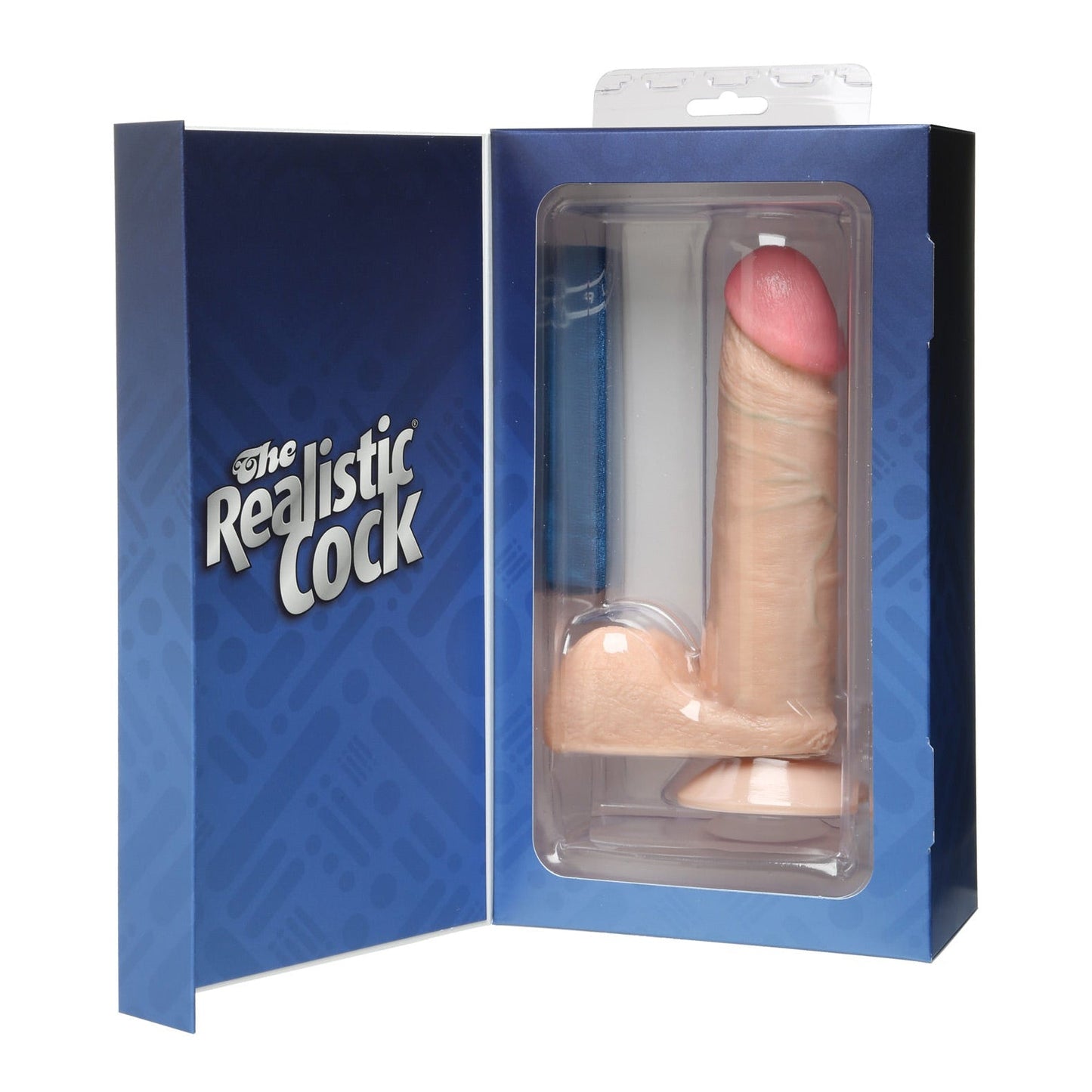 The image showcases a Doc Johnson product named 6 Realistic Cock With Balls, featuring a lifelike dildo compatible with Vac-U-Lock. Its elegantly displayed in a clear plastic case with predominantly blue packaging that highlights its realistic design.