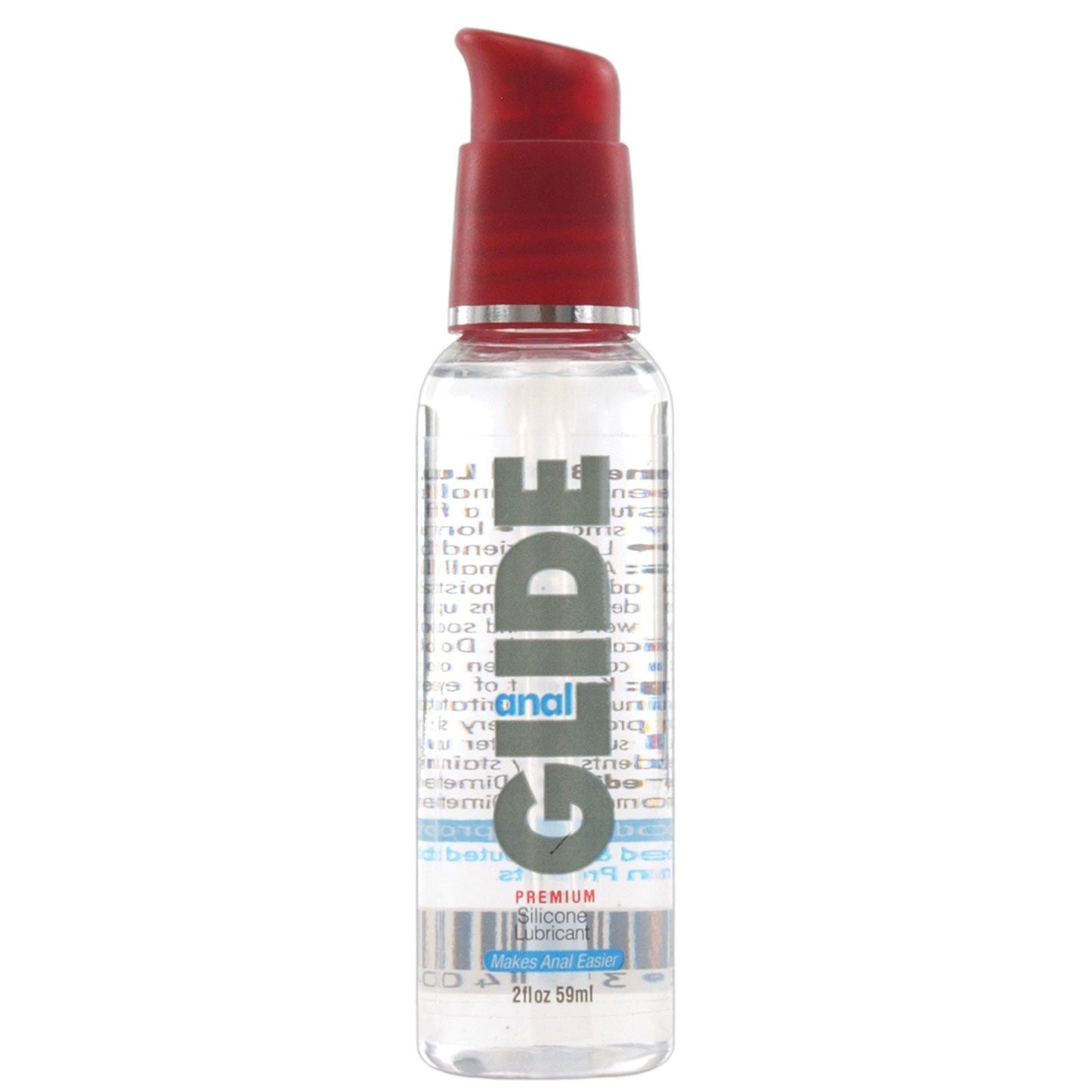The Body Action Products Anal Glide Silicone Lubricant, in a 2 oz clear bottle with a red pump cap, is condom compatible and labeled Makes Anal Easier, ensuring a smooth and safe experience.
