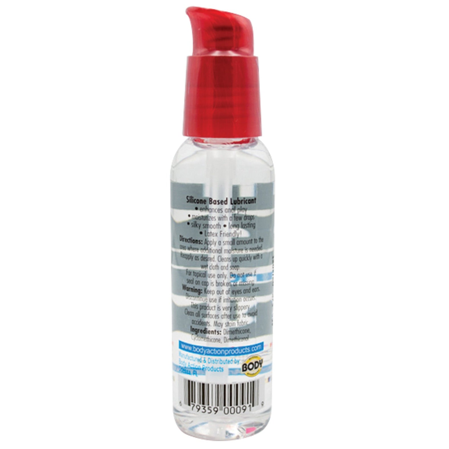 The Body Action Products Anal Glide Silicone Lubricant comes in a transparent 2 oz bottle with a red pump top, suitable for use with condoms. The label includes instructions, ingredients, and a barcode, all set against a plain white background.