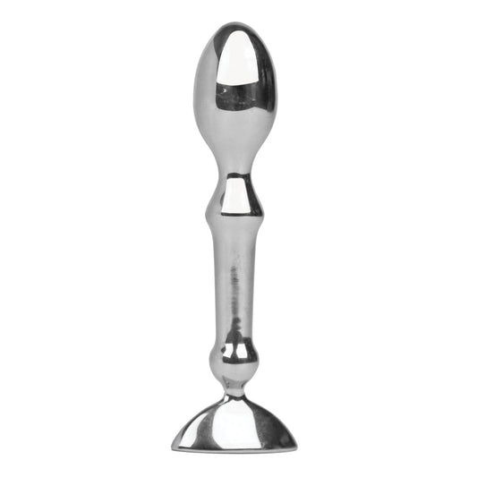 A stainless steel candle holder with a polished finish, featuring a slender rod and circular base for stability, reminiscent of the sleek design found in Aneros products like the Tempo Anal Stainless Steel Stimulator.
