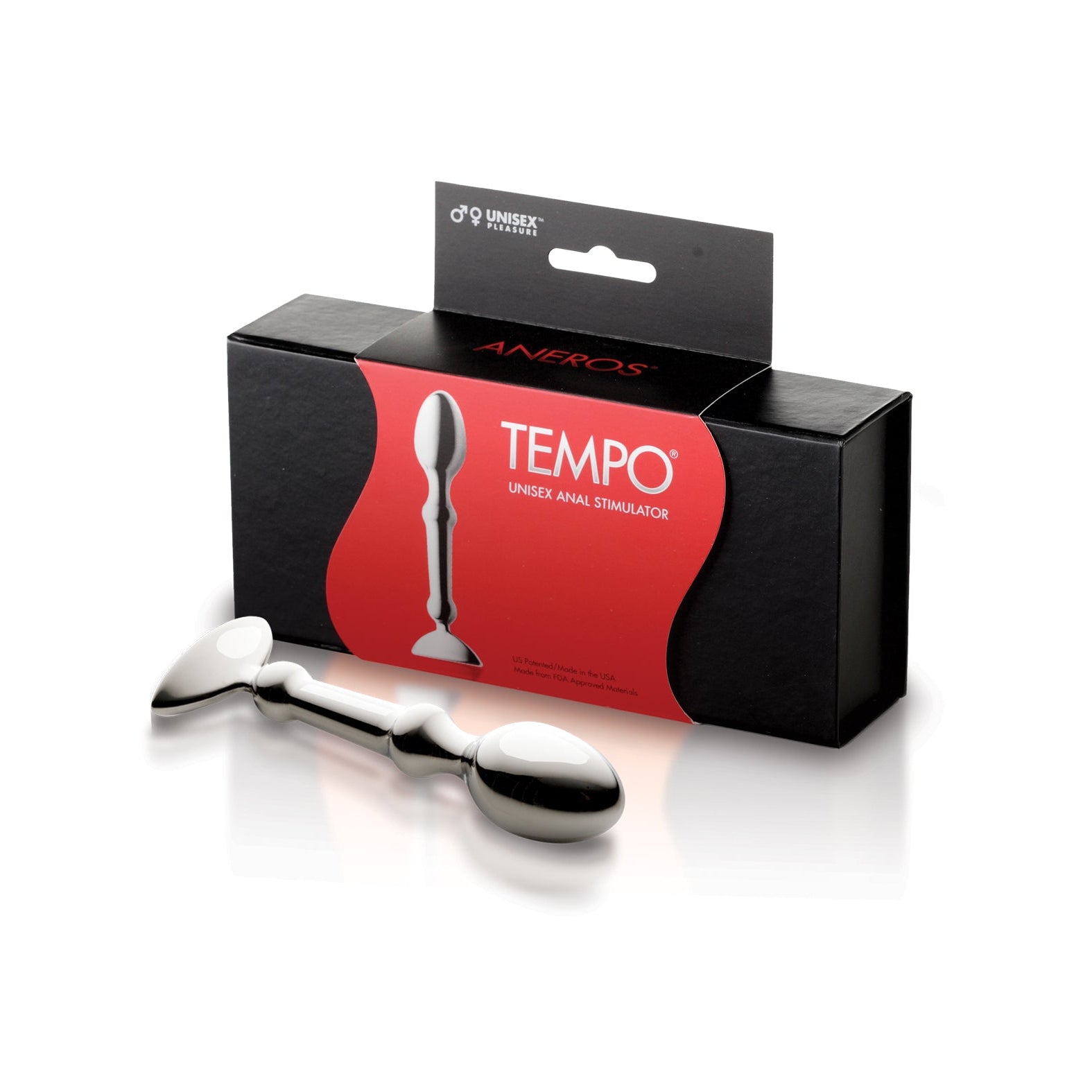 The image features the Aneros Tempo Anal Stainless Steel Stimulator, a sleek unisex product. Its silver finish shines against a black box adorned with a red label and silhouette.