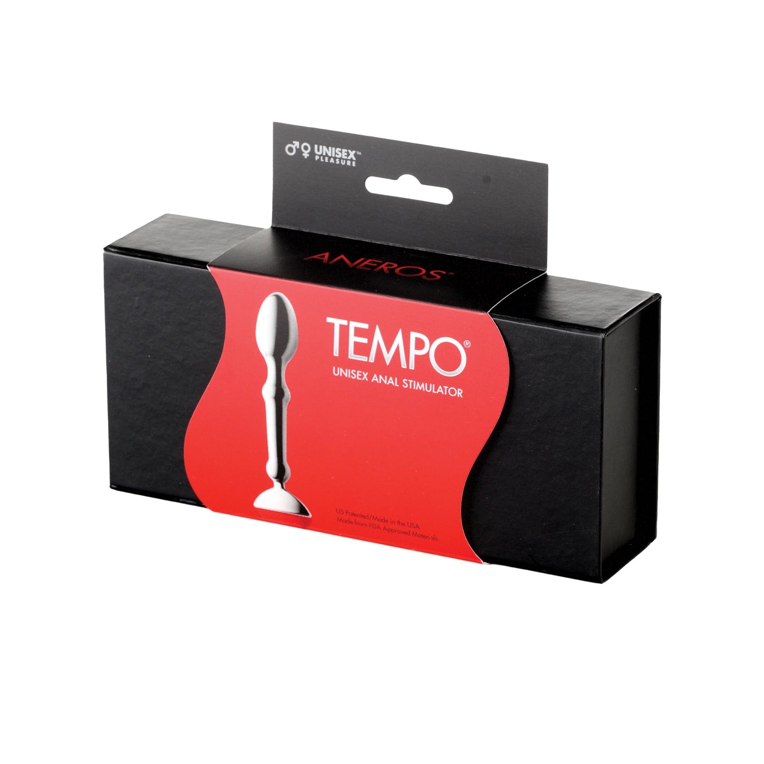 The image features a sleek black box with a red label depicting the Aneros Tempo Anal Stainless Steel Stimulator. The label shows its illustration, highlighting its sophisticated design and versatile unisex appeal.