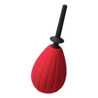 The Aneros Enema Bulb, by Aneros, is a red, ribbed blower with sleek black nozzle and base. Made from materials like medical-grade silicone, it efficiently cleans dust from electronics or delicate objects and stands upright on a white background.