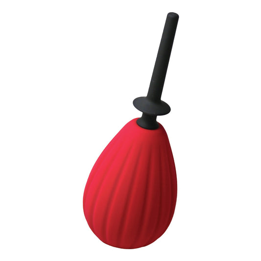 The Aneros Enema Bulb, by Aneros, is a red, ribbed blower with sleek black nozzle and base. Made from materials like medical-grade silicone, it efficiently cleans dust from electronics or delicate objects and stands upright on a white background.