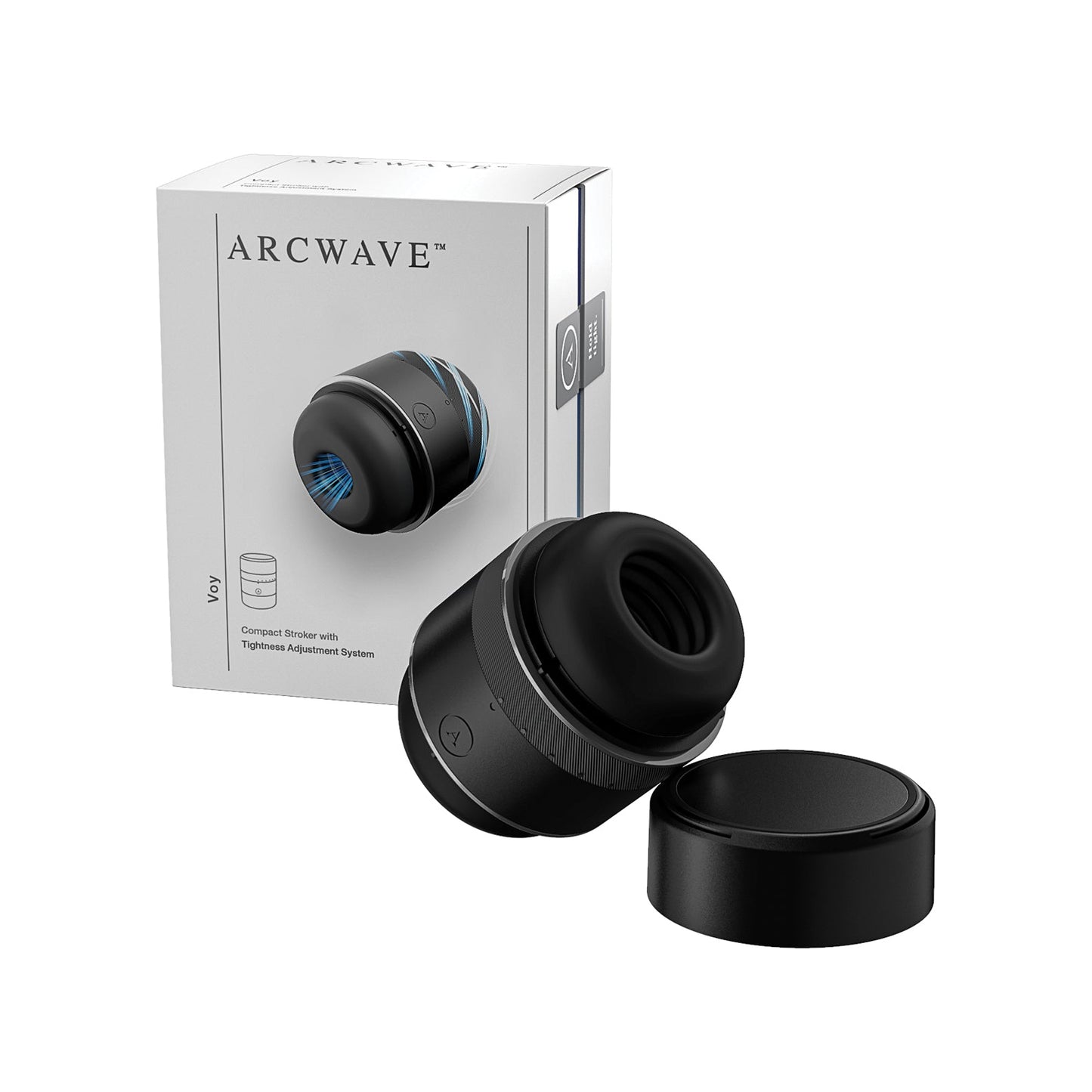 A sleek black cylindrical Arcwave Voy Compact Stroker with a detachable cap is displayed by its packaging, showcasing the brand Arcwave and an illustration of the device. It features CleanTech silicone for easy maintenance and a Tightness Adjustment System for personalized comfort.