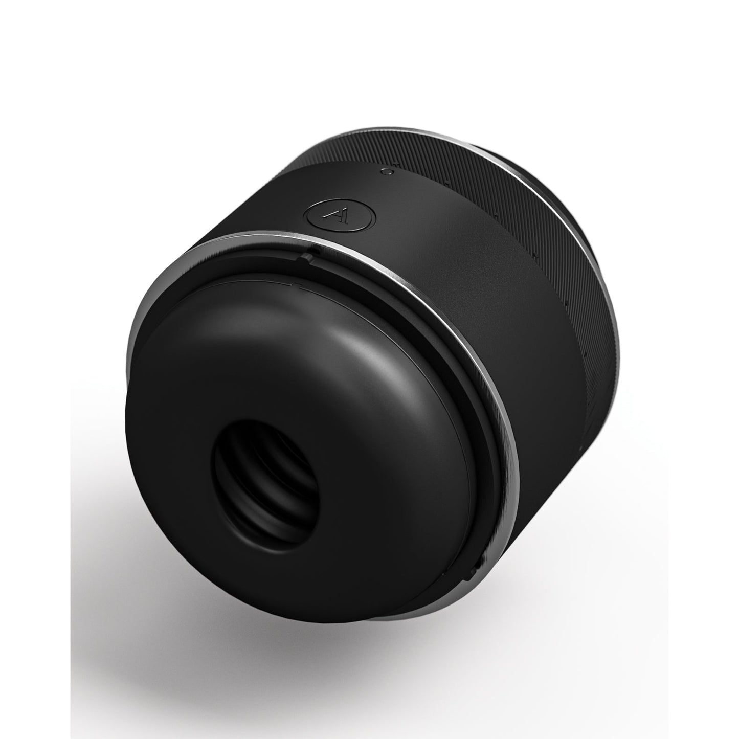The Arcwave Voy Compact Stroker by Arcwave is a black cylindrical device with a circular opening, textured grip, and a button featuring an A on top. It includes a Tightness Adjustment System for precision, stylishly showcased against a white background.