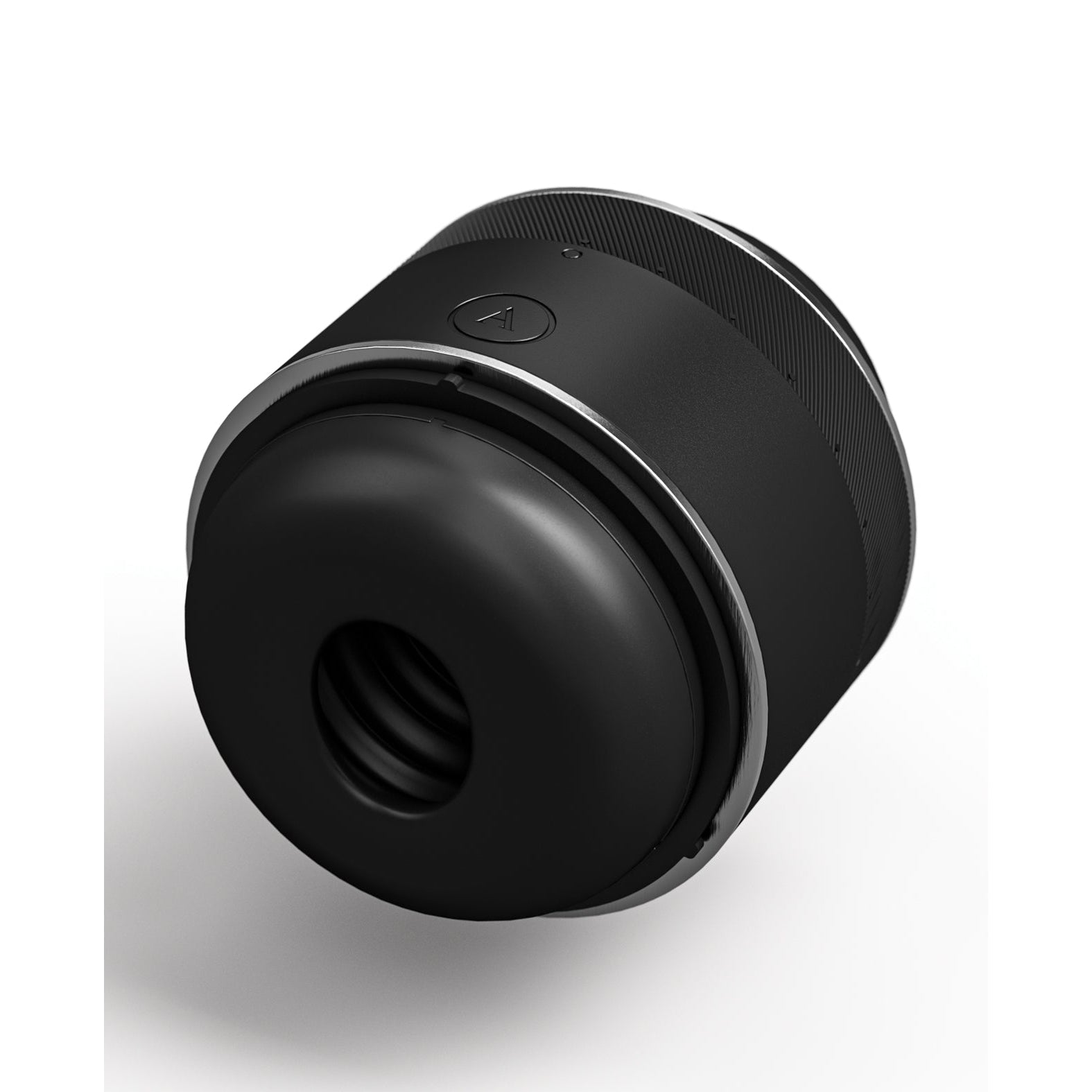 The Arcwave Voy Compact Stroker by Arcwave is a black cylindrical device with a circular opening, textured grip, and a button featuring an A on top. It includes a Tightness Adjustment System for precision, stylishly showcased against a white background.