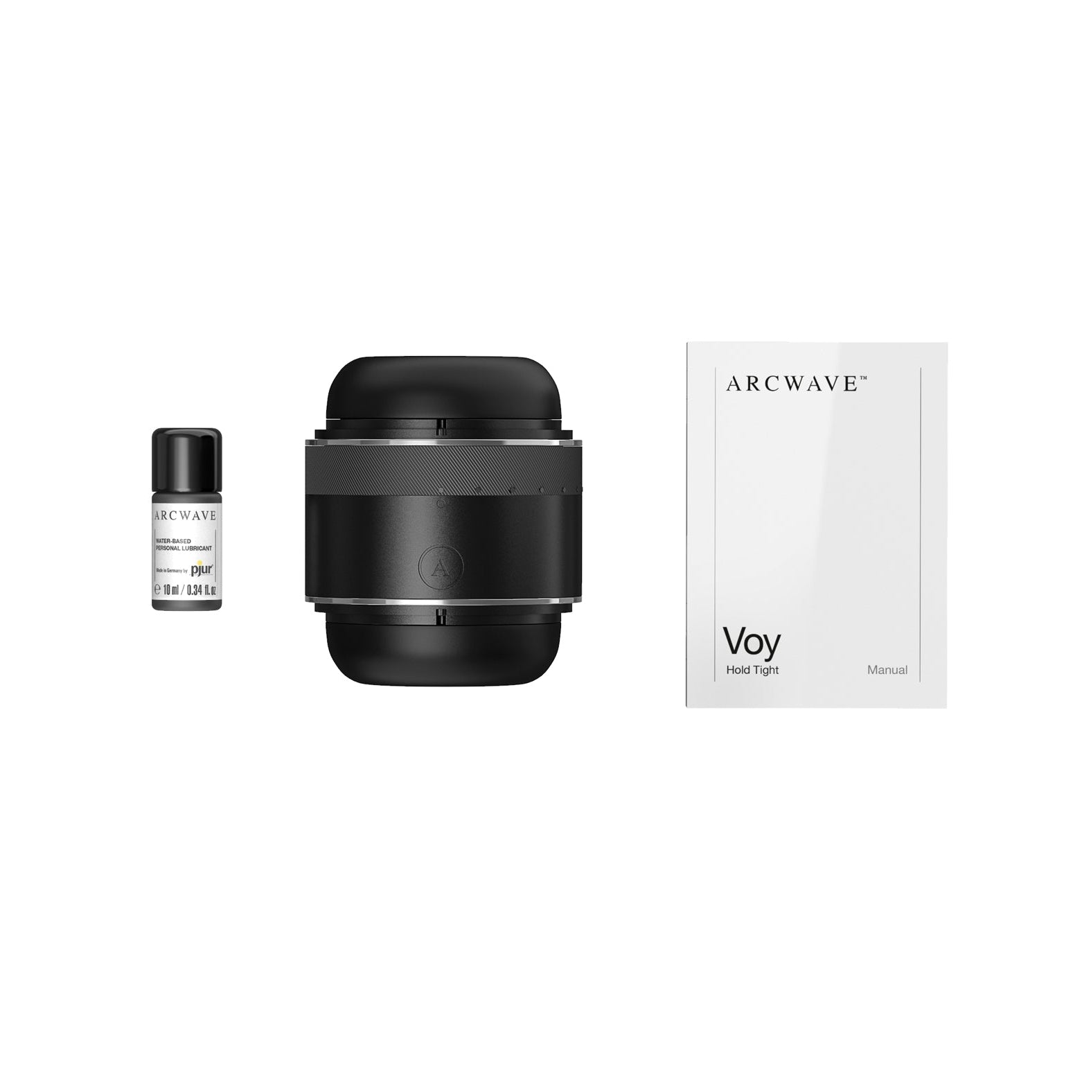 A black cylindrical Arcwave Voy Compact Stroker rests between a small bottle and a manual. Featuring CleanTech silicone, the design includes a Tightness Adjustment System. The bottles black cap and text match its sleek style against a plain white background, highlighting its sophistication.