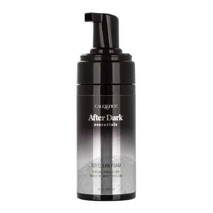 A sleek black bottle of After Dark Essentials Foam Toy Clean by California Exotic Novelties, ideal for personal care. This 4 oz foaming cleanser has a pump dispenser, ensuring your intimate items stay pristine and ready for use.